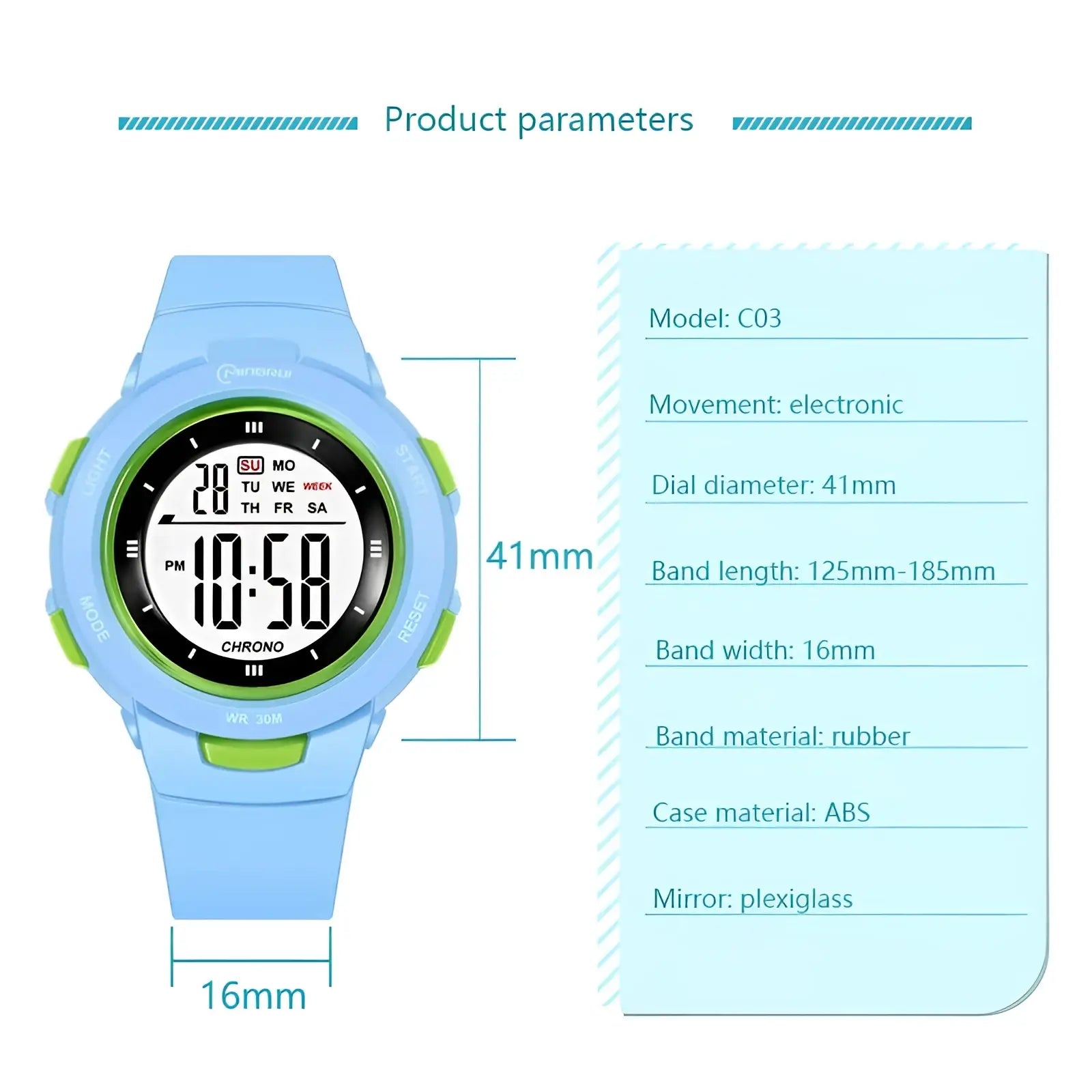 Light blue and green kids digital sports watch with rubber band and abs case featuring luminous waterproof alarm