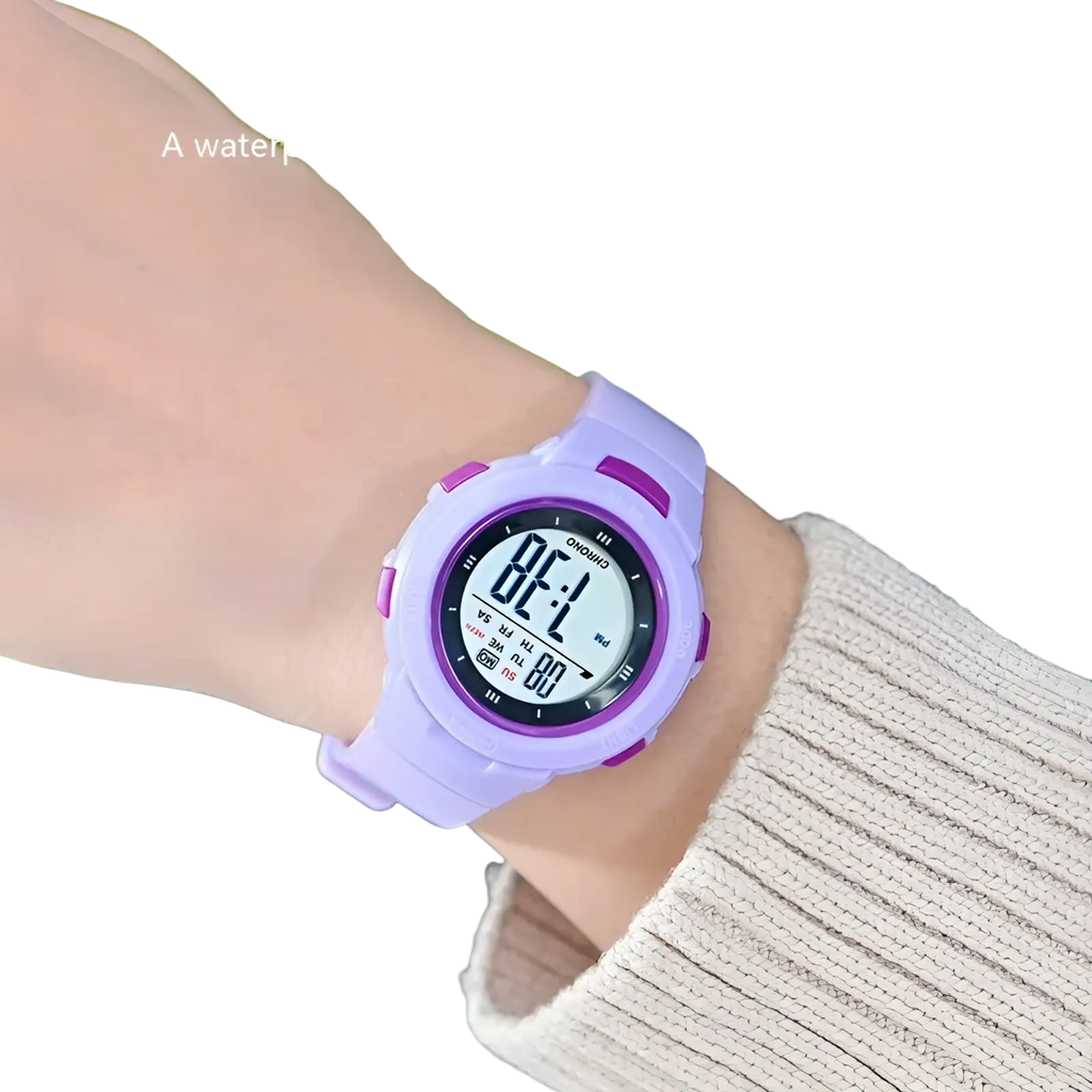 Purple kids digital sports watch with luminous display, waterproof silicone strap, and alarm for ages 3 to 15