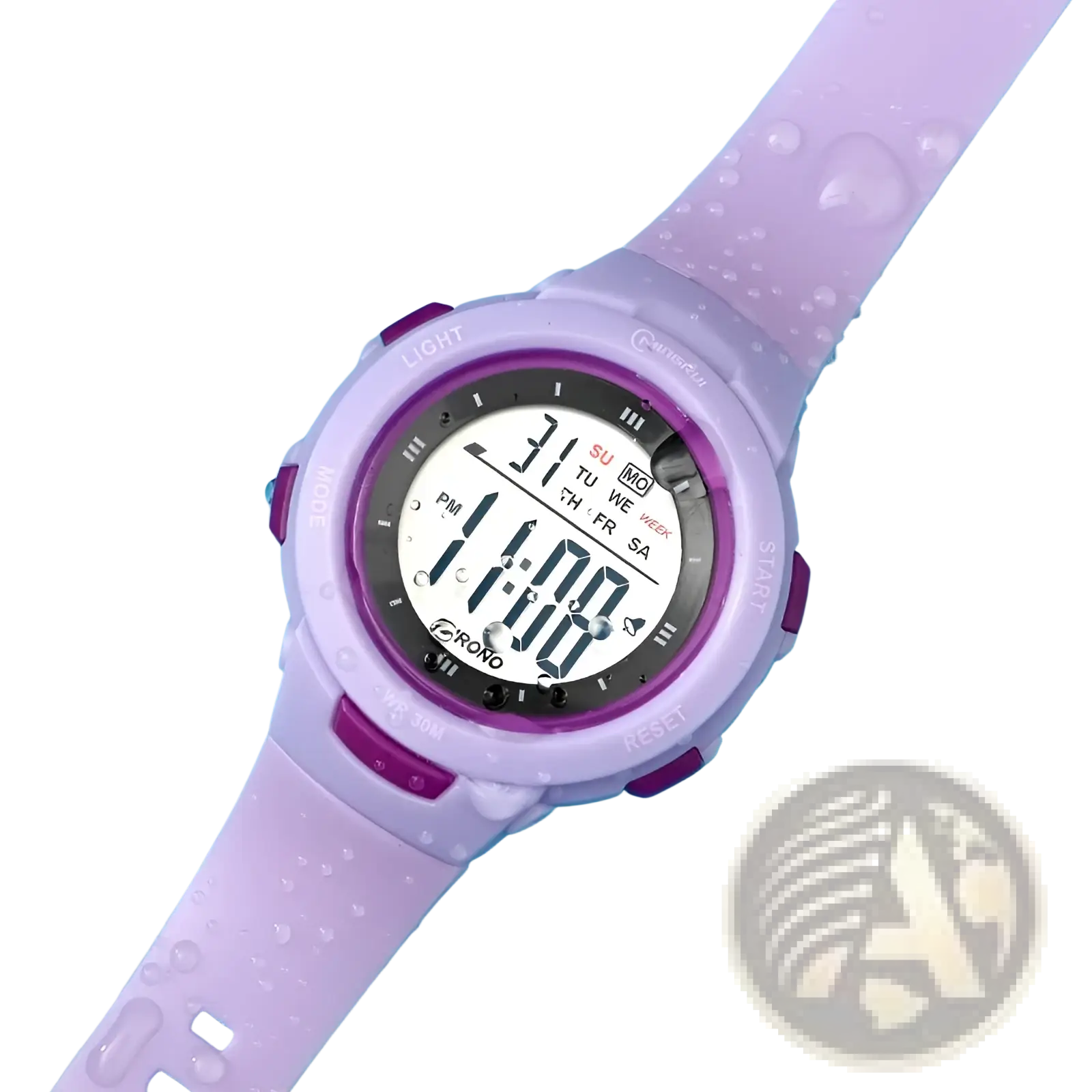 Kids digital sports watch with purple and pink silicone strap featuring luminous lcd display showing time day and date