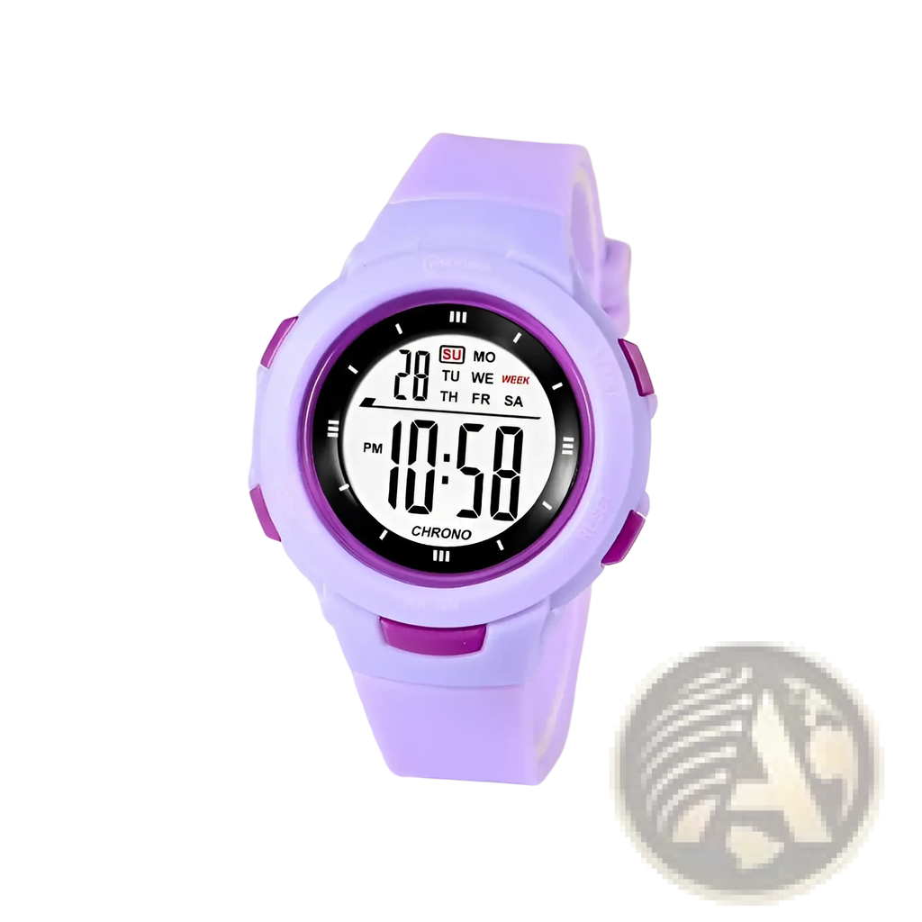 Purple silicone kids digital sports watch with round face black display and purple accent buttons showing time and day