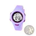 Purple silicone kids digital sports watch with round face black display and purple accent buttons showing time and day