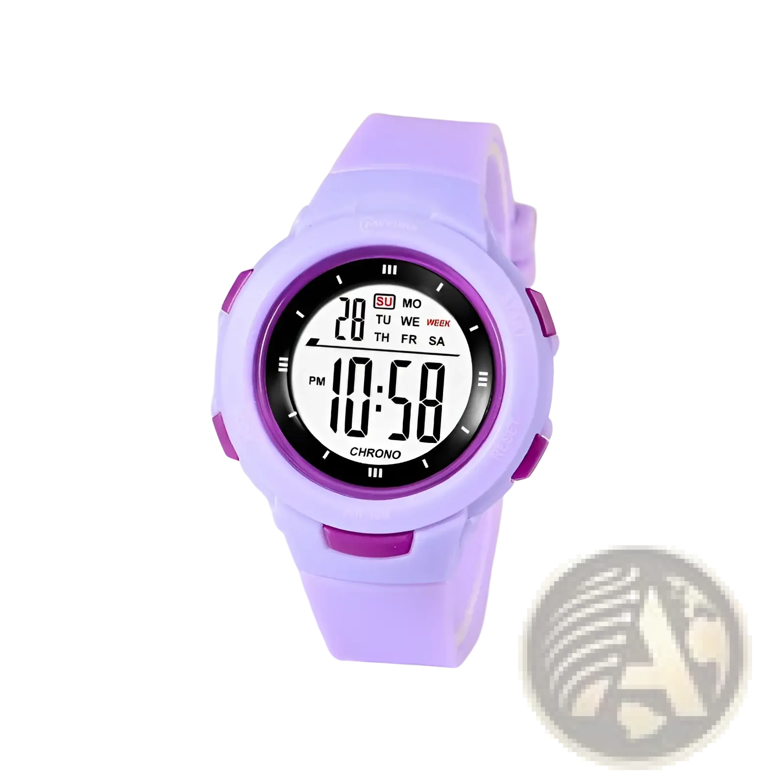 Purple silicone kids digital sports watch with round face black display and purple accent buttons showing time and day