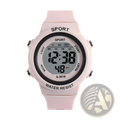 Kids digital sports watch pink with black bezel and gray display showing time day and seconds multifunctional electronic timepiece