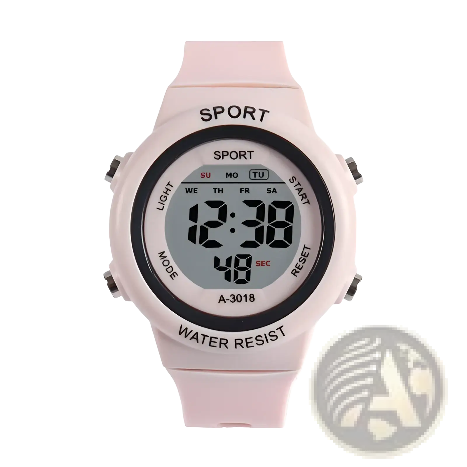 Kids digital sports watch pink with black bezel and gray display showing time day and seconds multifunctional electronic timepiece