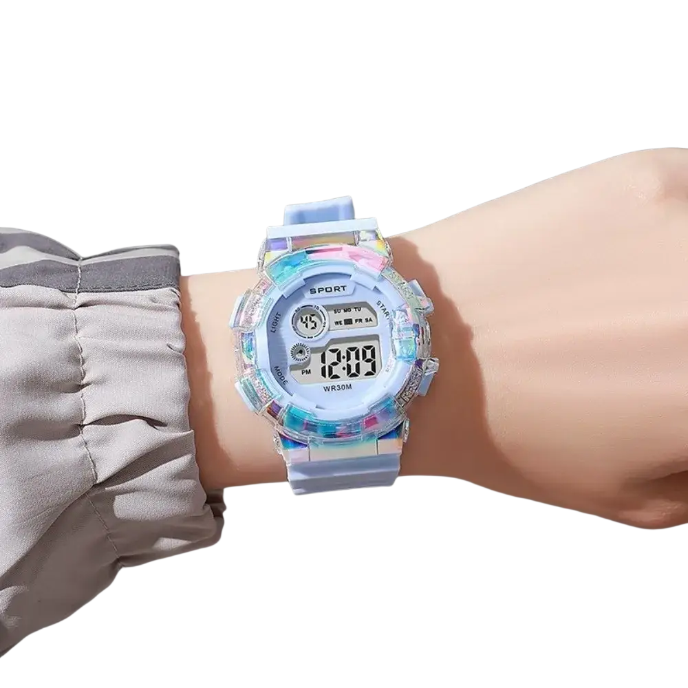 Kids digital sports watch with silicone band material and rainbow iridescent resin case battery included