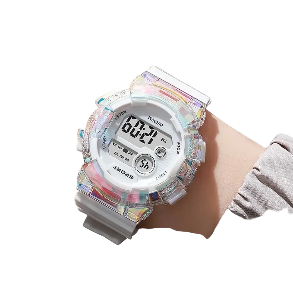 Iridescent kids digital sports watch with white face, resin case material, and silicone band material with battery included