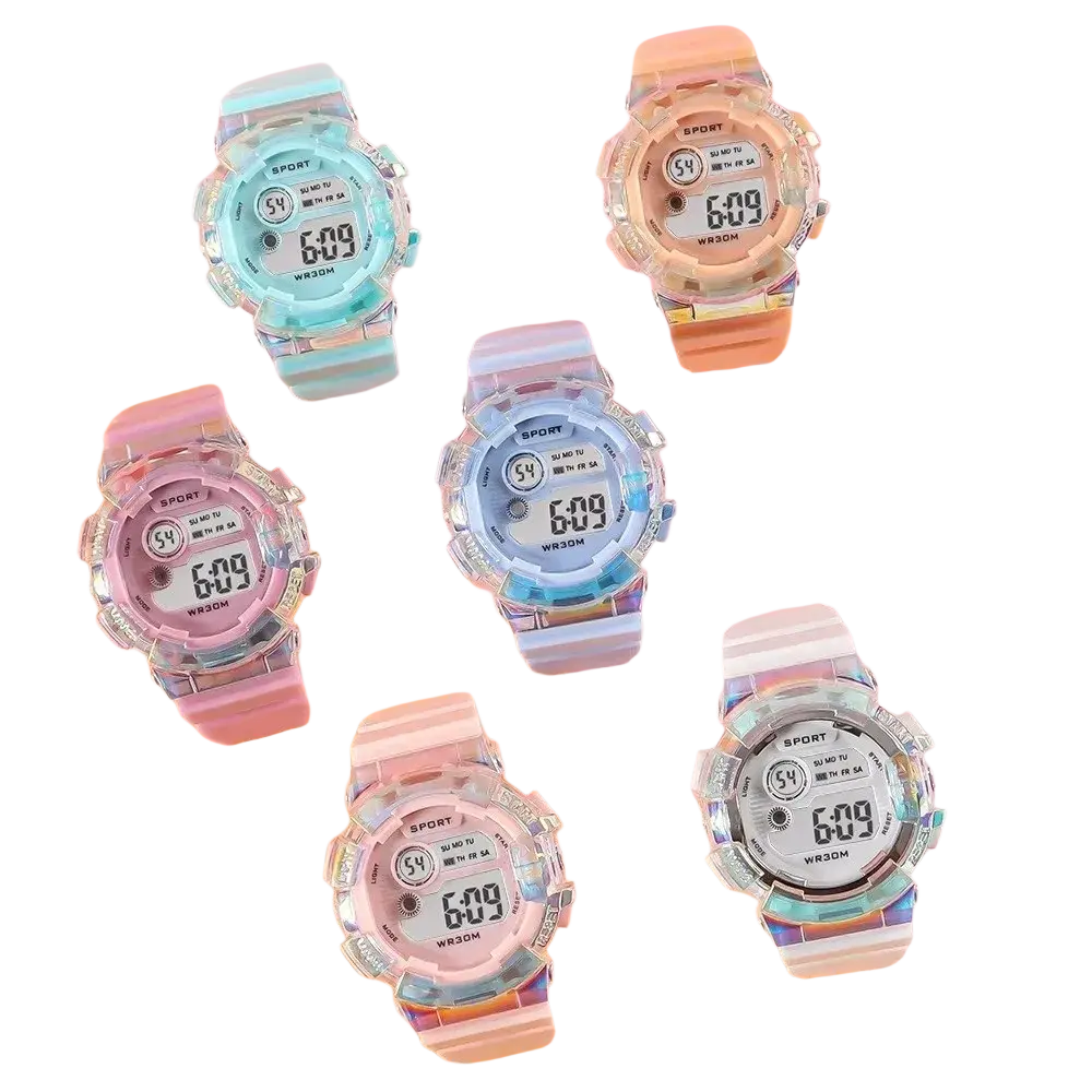 Kids digital sports watch with pastel resin case and rainbow silicone band material and battery included for durability