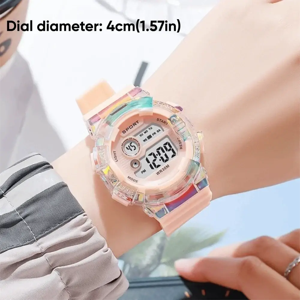 Pastel pink kids digital sports watch with silicone band material and translucent resin case material battery included