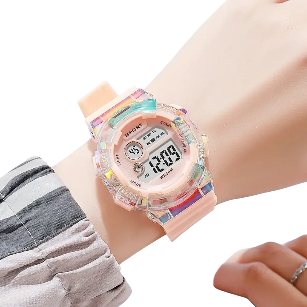 Pastel pink kids digital sports watch with translucent rainbow resin case and silicone band material battery included