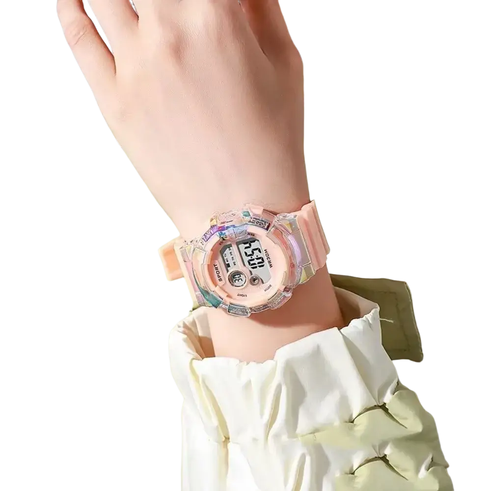 Pink kids digital sports watch with translucent iridescent resin case and silicone band material battery included