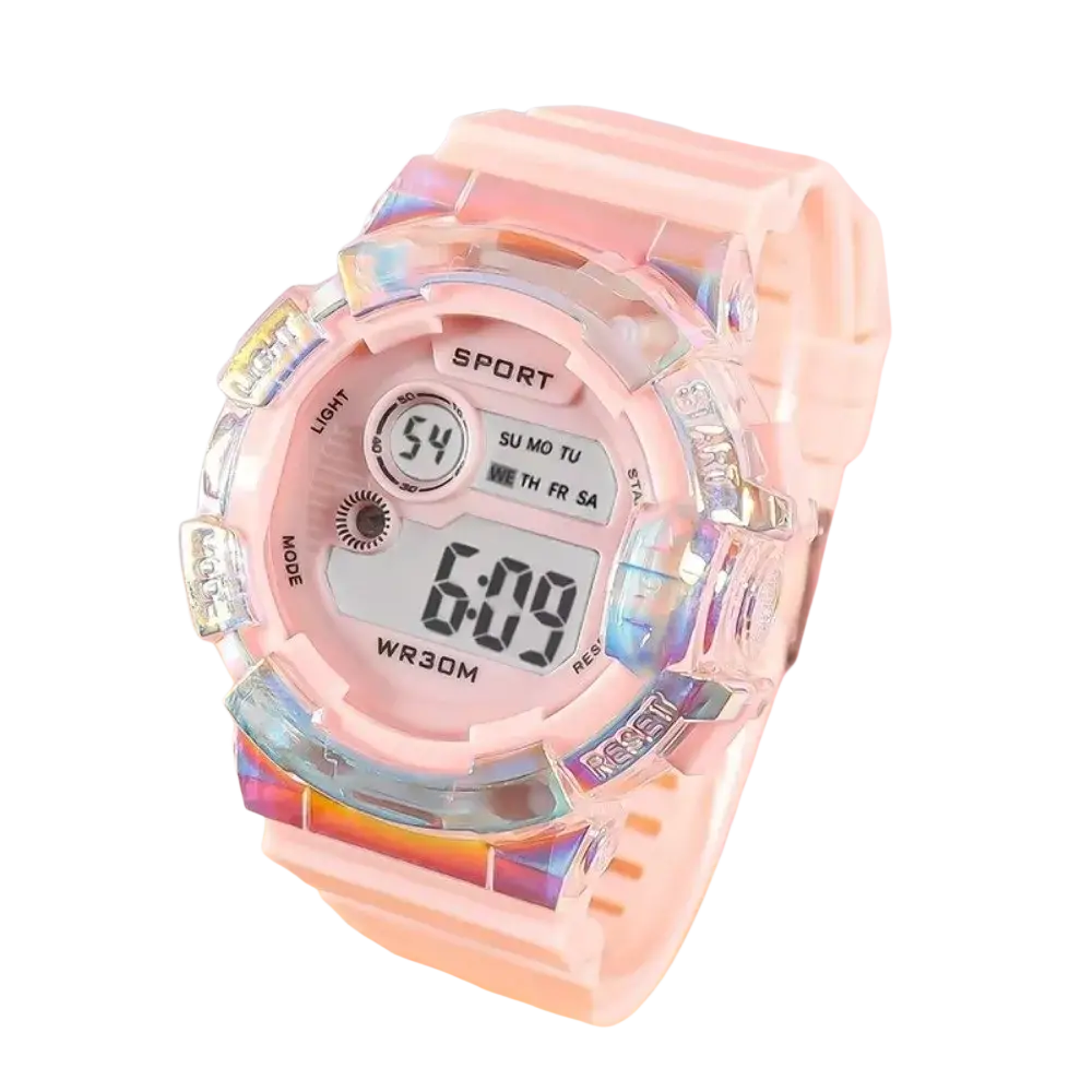 Pink kids digital sports watch with iridescent translucent resin case and silicone band material battery included