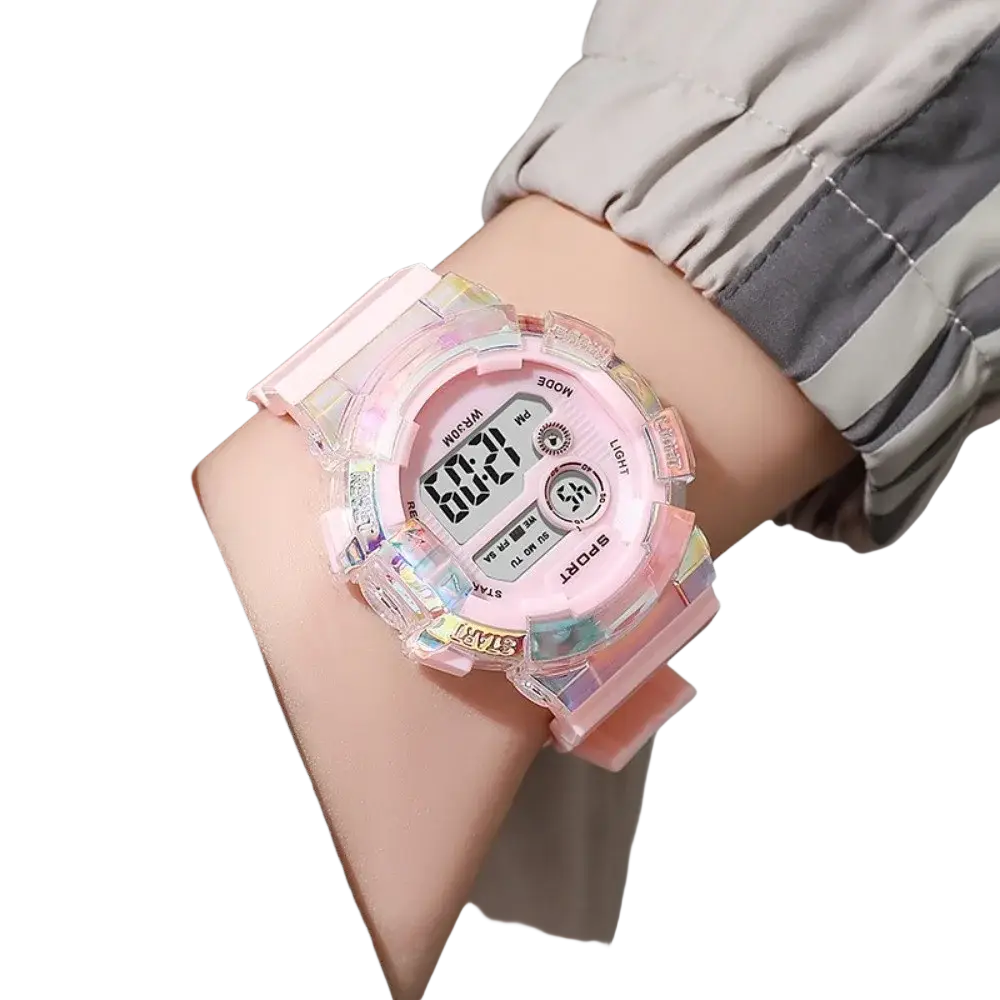 Pink kids digital sports watch with silicone band material and iridescent resin case material battery included