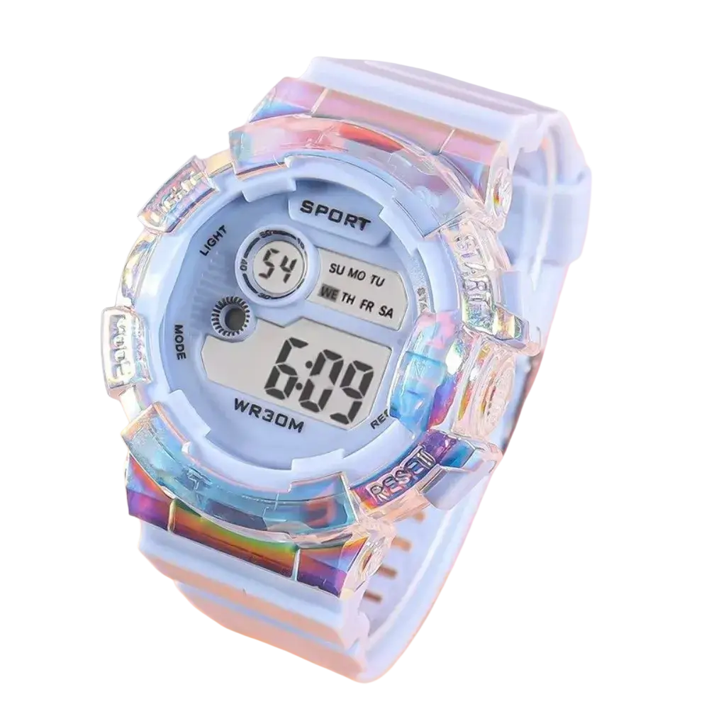 Kids digital sports watch with translucent resin case, iridescent rainbow-hued silicone band material and battery included