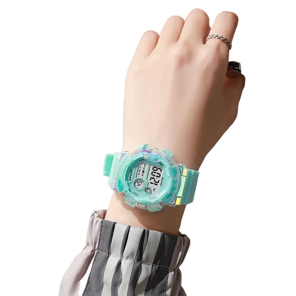 Kids digital sports watch with translucent turquoise resin case, silicone band material, and yellow strap accents, battery included