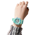 Kids digital sports watch with translucent turquoise resin case, silicone band material, and yellow strap accents, battery included