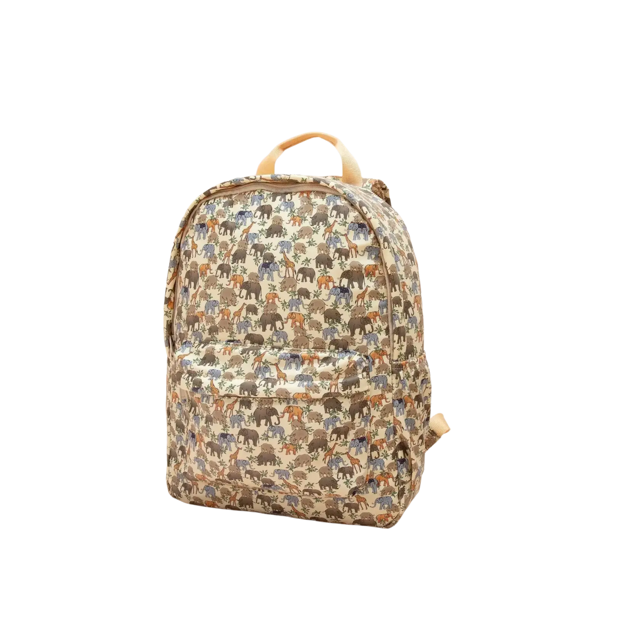 Beige kids dinosaur backpack featuring a playful multicolored elephant and giraffe pattern on fabric for school use