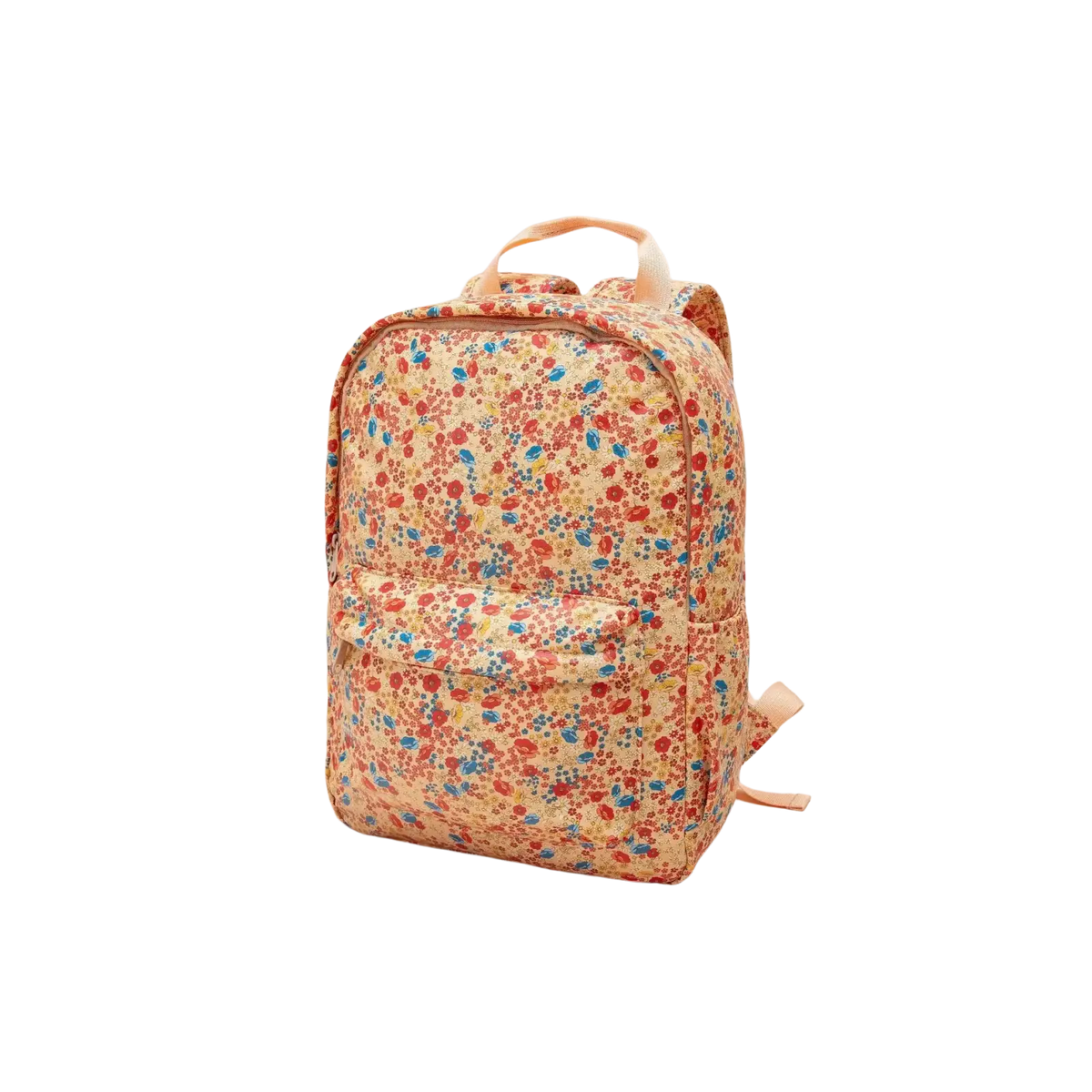 A charming beige kids dinosaur backpack with red and blue floral pattern soft fabric straps and a front pocket