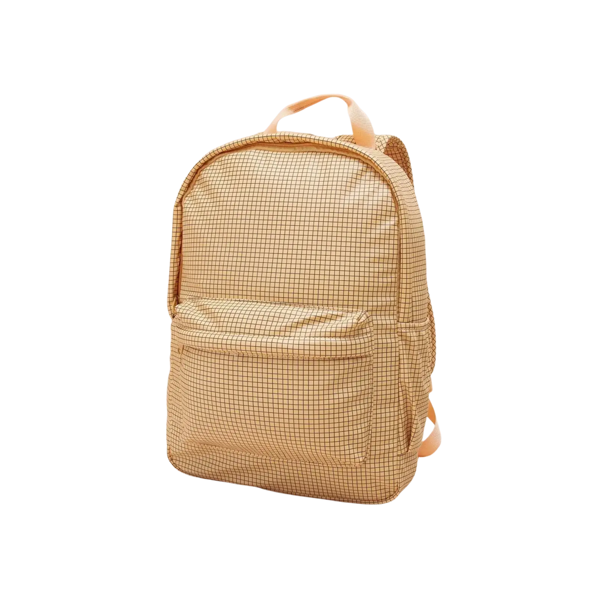 Beige grid-patterned kids dinosaur backpack with matching fabric straps designed as a pastel school bag