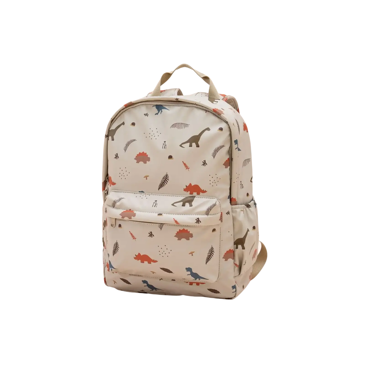 Beige kids dinosaur backpack with colorful orange brown and blue dinosaur pattern for school use