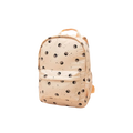 Cream-colored kids dinosaur backpack with black moon and star patterns pastel school bag front view