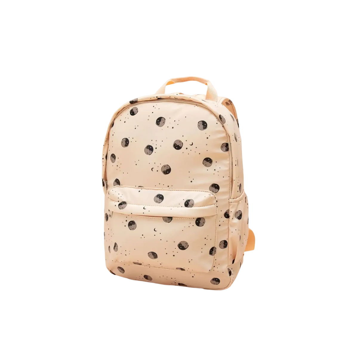 Cream-colored kids dinosaur backpack with black moon and star patterns pastel school bag front view