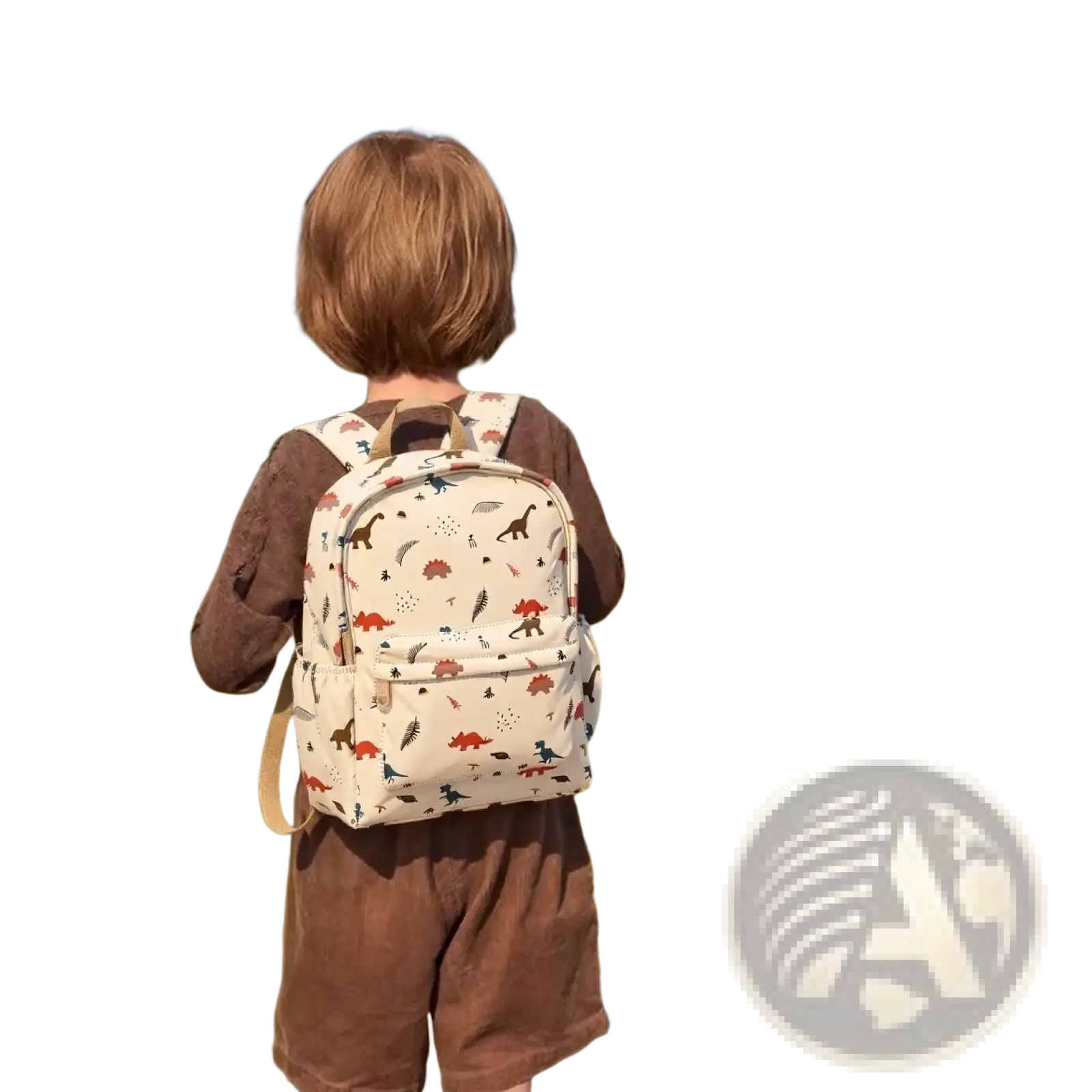 Cream-colored kids dinosaur backpack with a playful pattern of colorful dinosaurs and feathers for school use