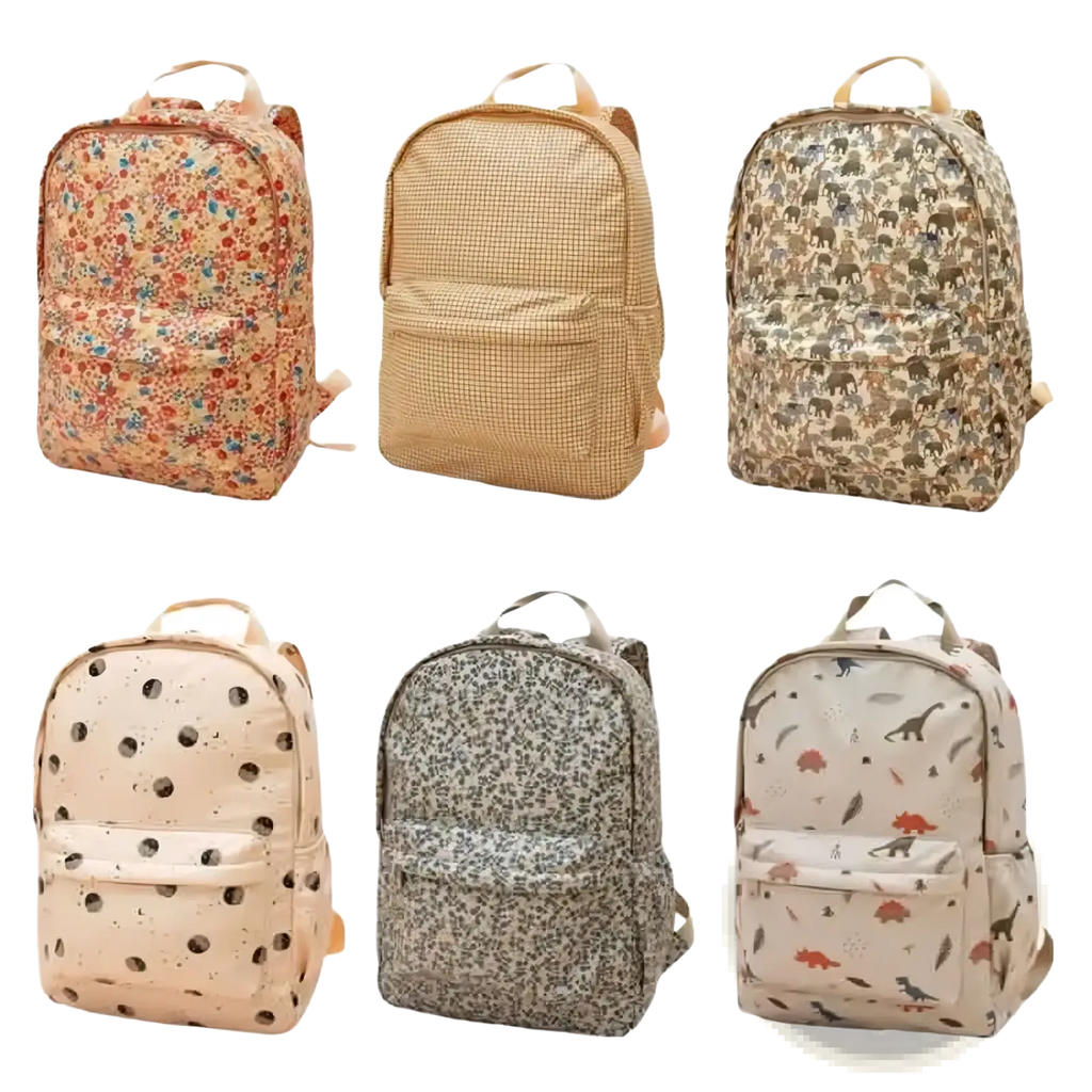 Kids dinosaur backpack pastel school bag with six assorted pastel and neutral patterned designs including dinosaurs use case