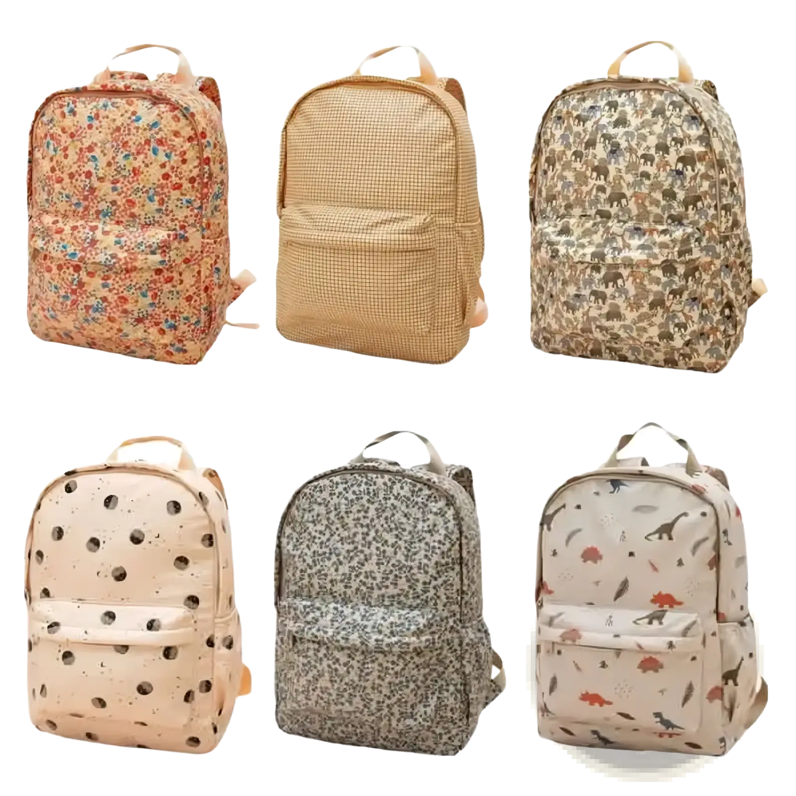 Kids dinosaur backpack pastel school bag with six assorted pastel and neutral patterned designs including dinosaurs use case