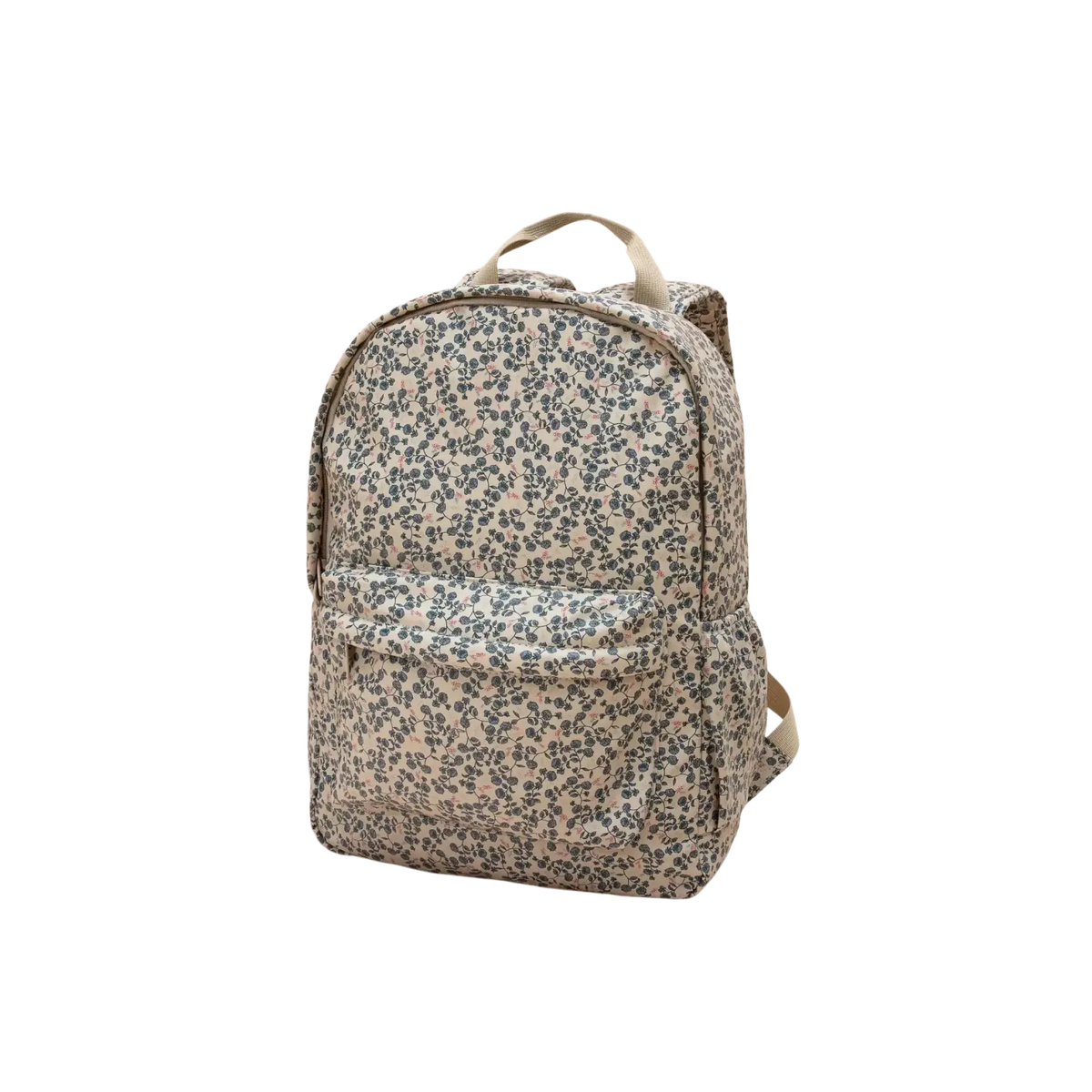 Kids dinosaur backpack pastel school bag soft beige fabric with dark green floral pattern and matching straps front pocket