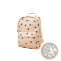 Cream-colored kids dinosaur backpack with black moon and star patterns pastel school bag front view