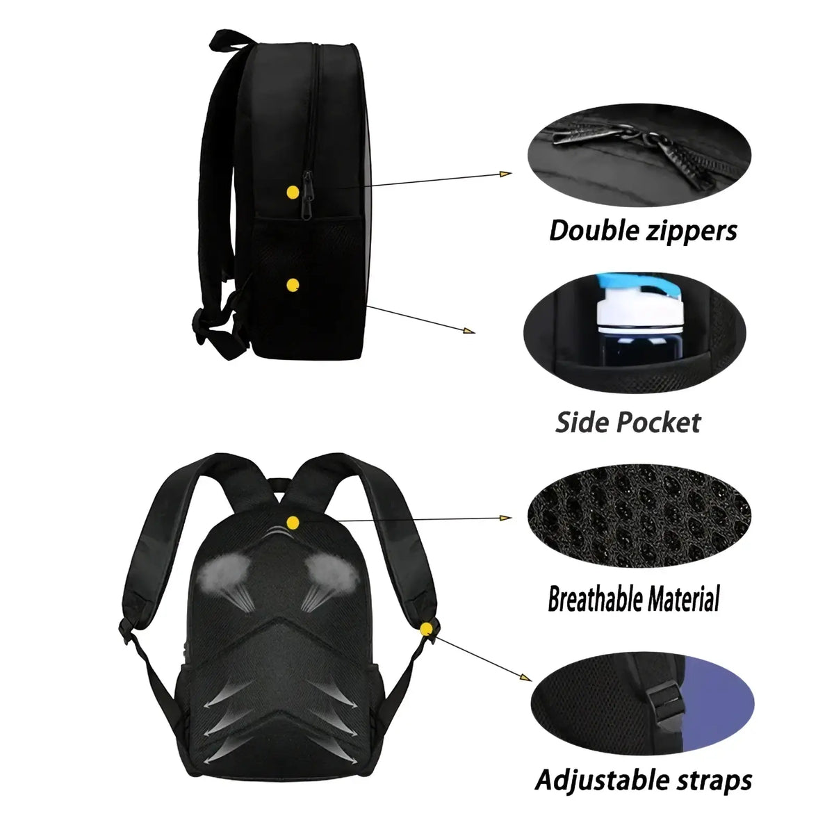 Black kids dinosaur lightning backpack with breathable mesh material double zippers side pocket and adjustable straps