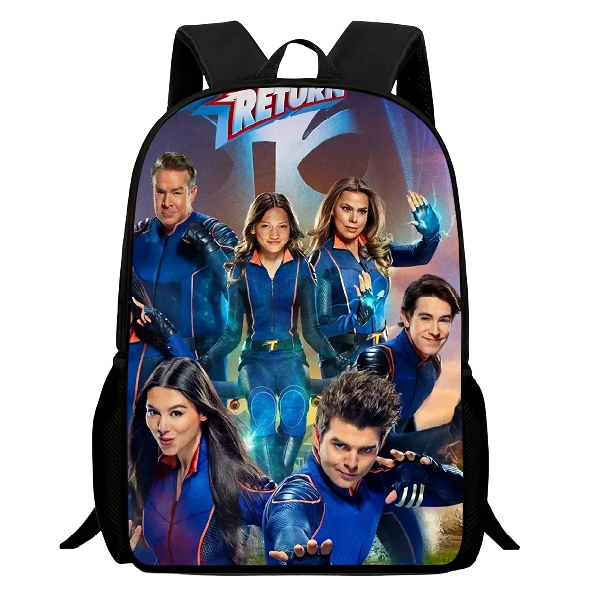 Black kids dinosaur lightning backpack large school bag featuring vibrant full-color return to the blue movie cast print