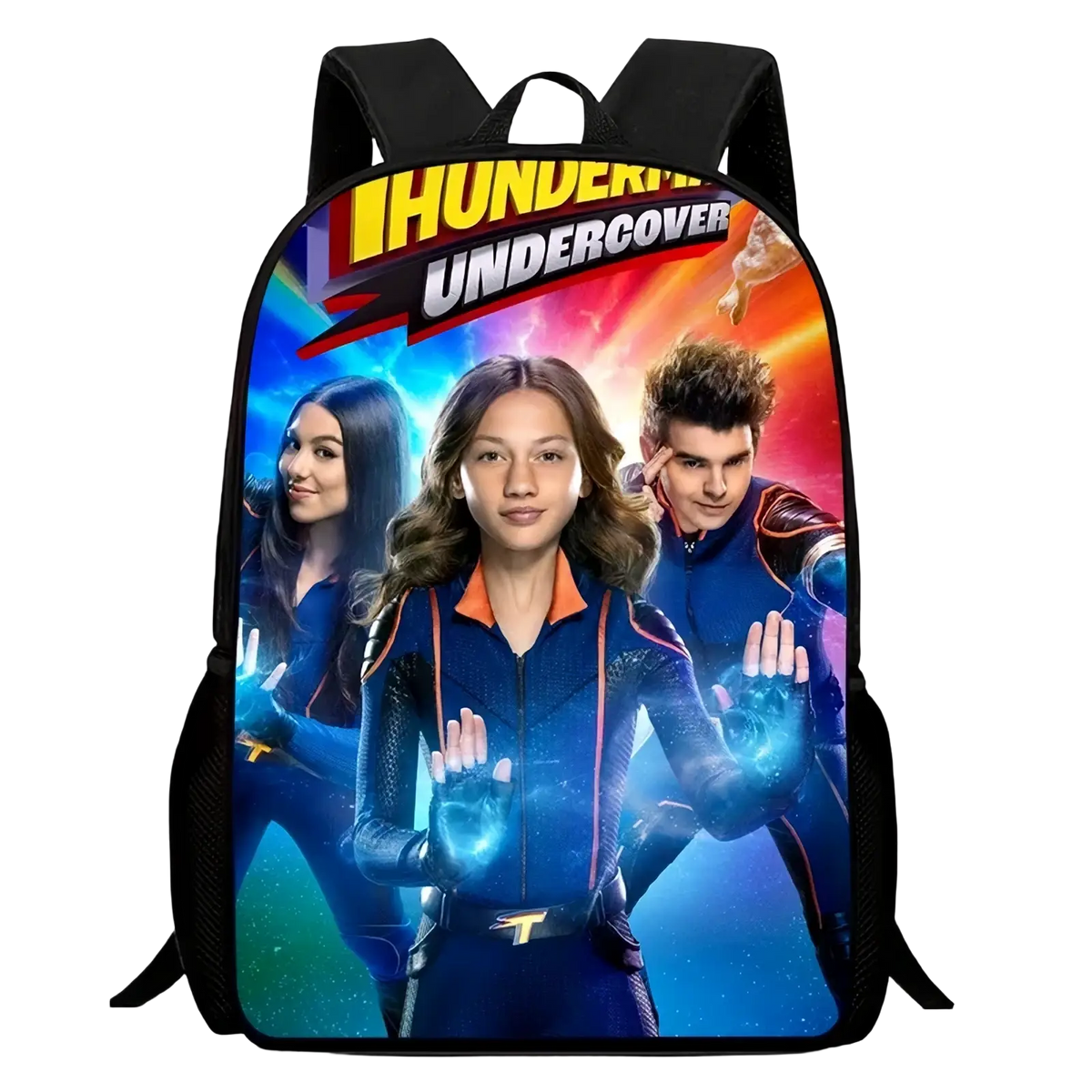 Black kids dinosaur lightning backpack large school bag featuring thunder force undercover movie design with blue superheroes