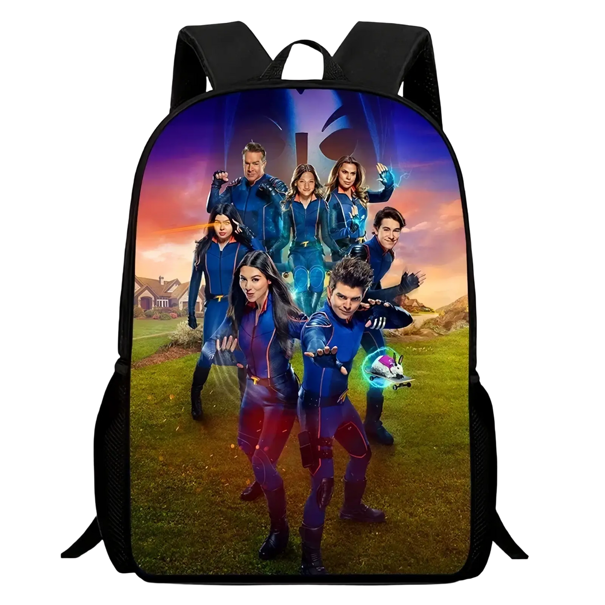 Black kids dinosaur lightning backpack featuring good luck charlie cast in blue and purple superhero costumes on sunset background