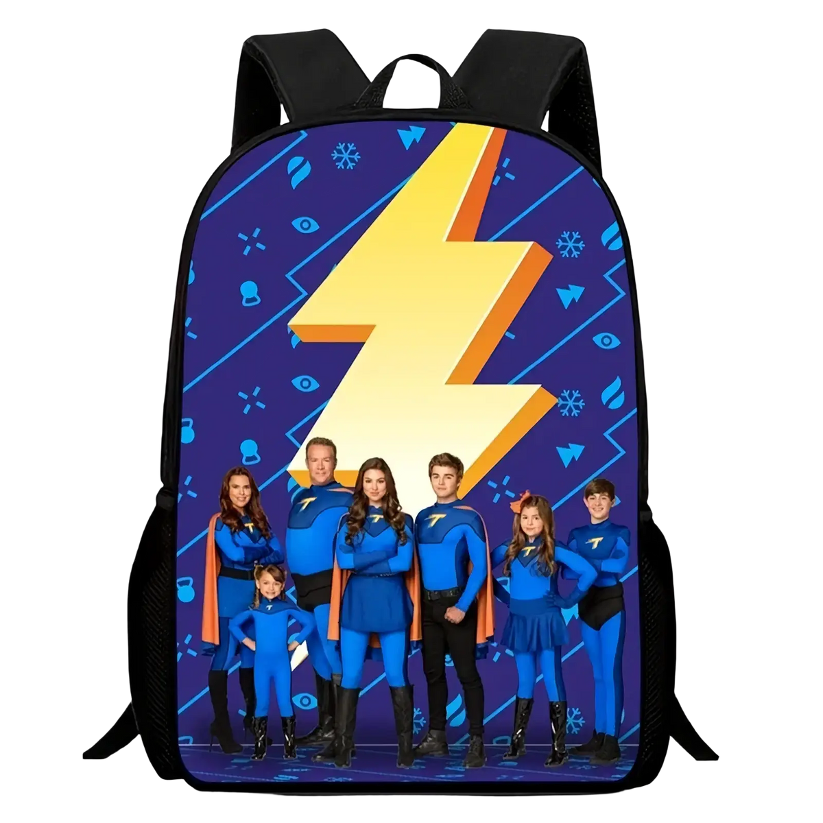 Blue and yellow lightning bolt-themed kids dinosaur large school backpack with a family in superhero costumes on front