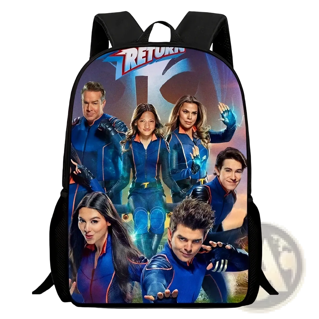Black kids dinosaur lightning backpack large school bag featuring vibrant full-color return to the blue movie cast print