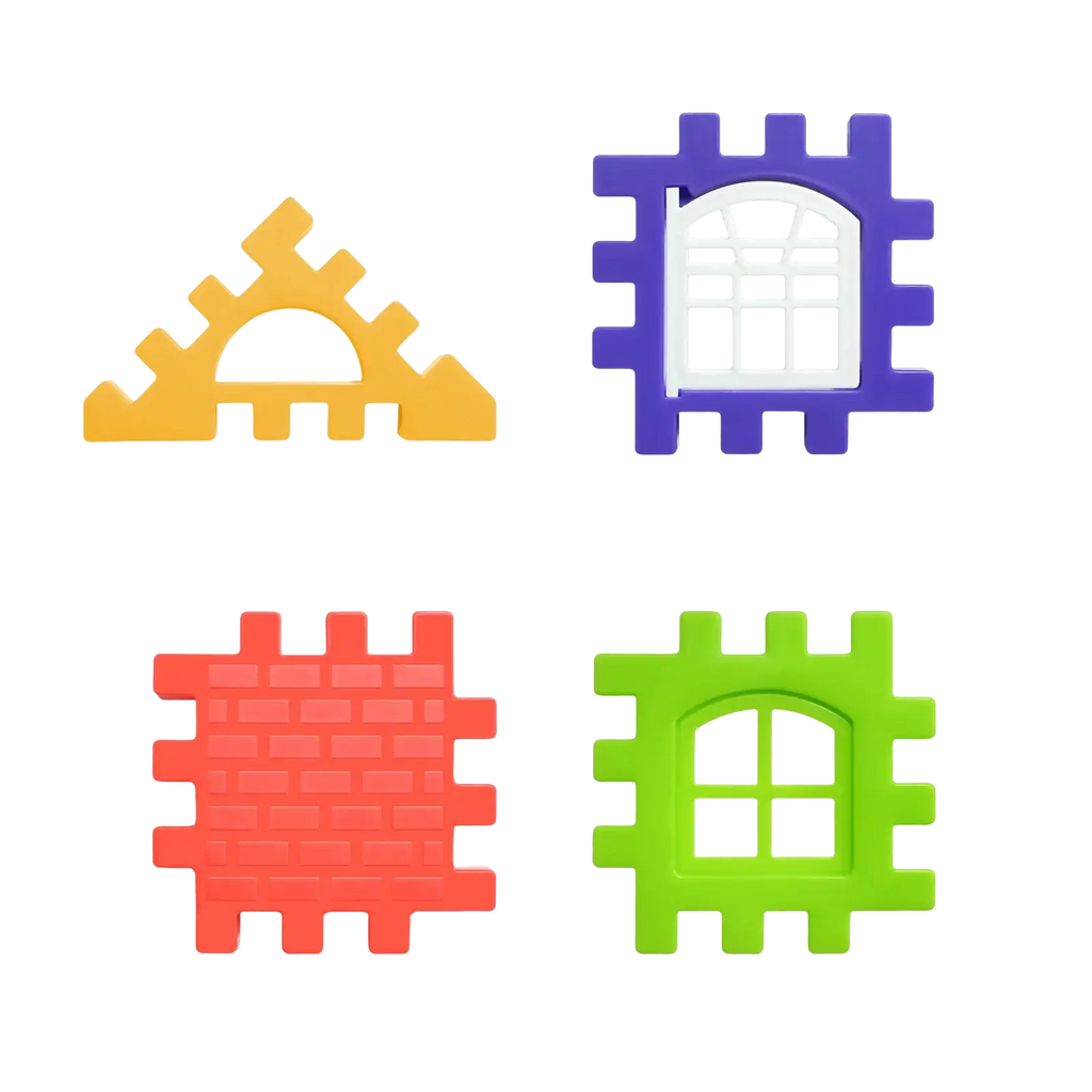 Kids diy plastic building block house set with colorful yellow purple red and green interlocking blocks featuring window and brick designs