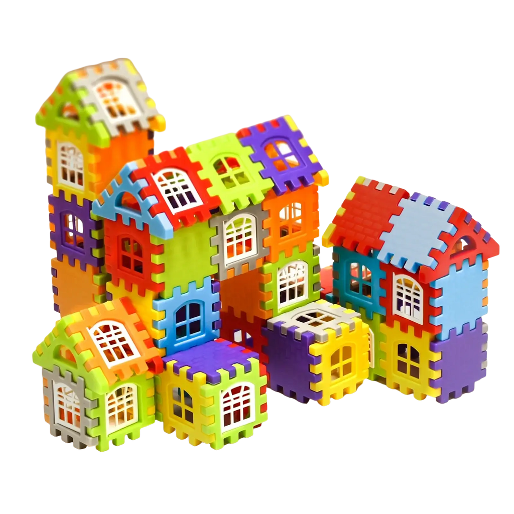 Kids diy plastic building block house set featuring colorful interlocking foam blocks in green orange purple blue and yellow