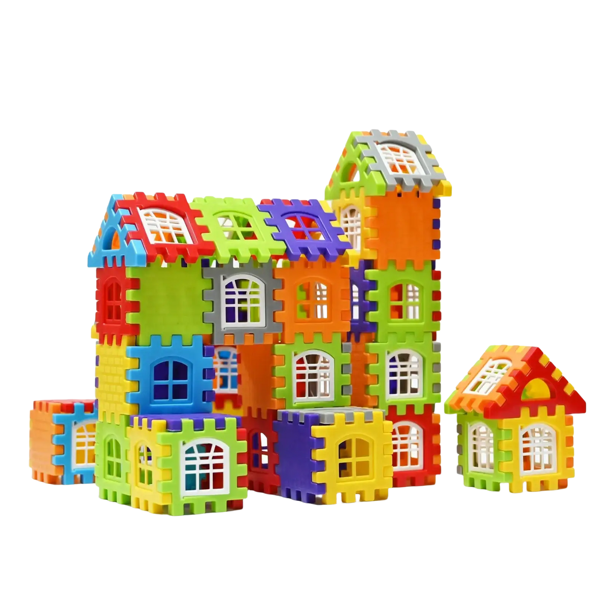 Kids diy plastic building block house set with colorful interlocking foam blocks in red blue green yellow and orange with windows