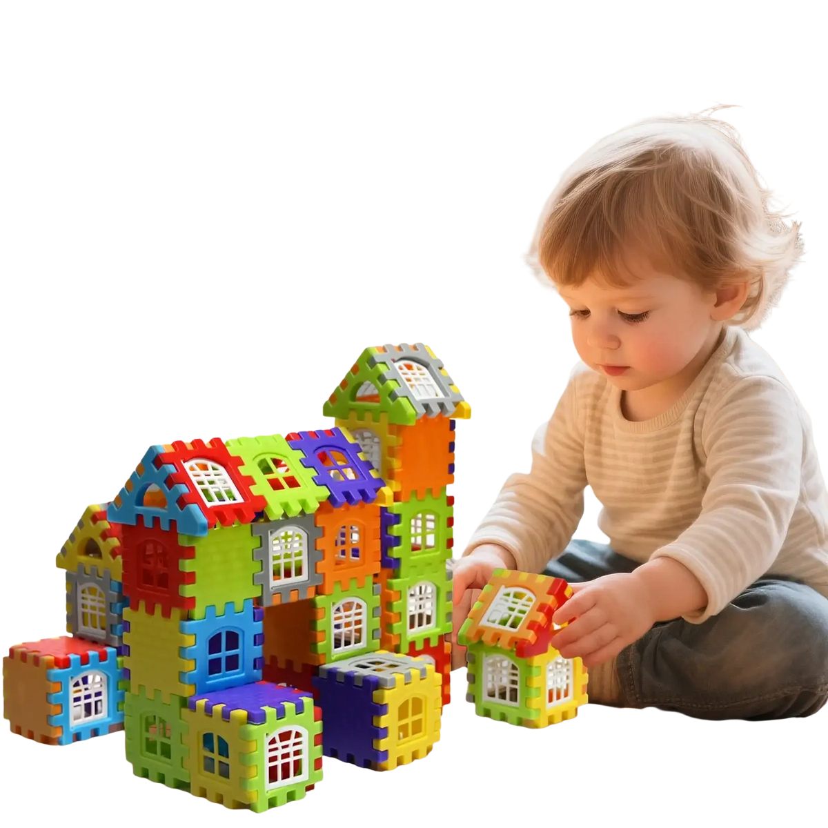 Kids diy plastic building block house set with colorful interlocking foam blocks in red blue green yellow and purple