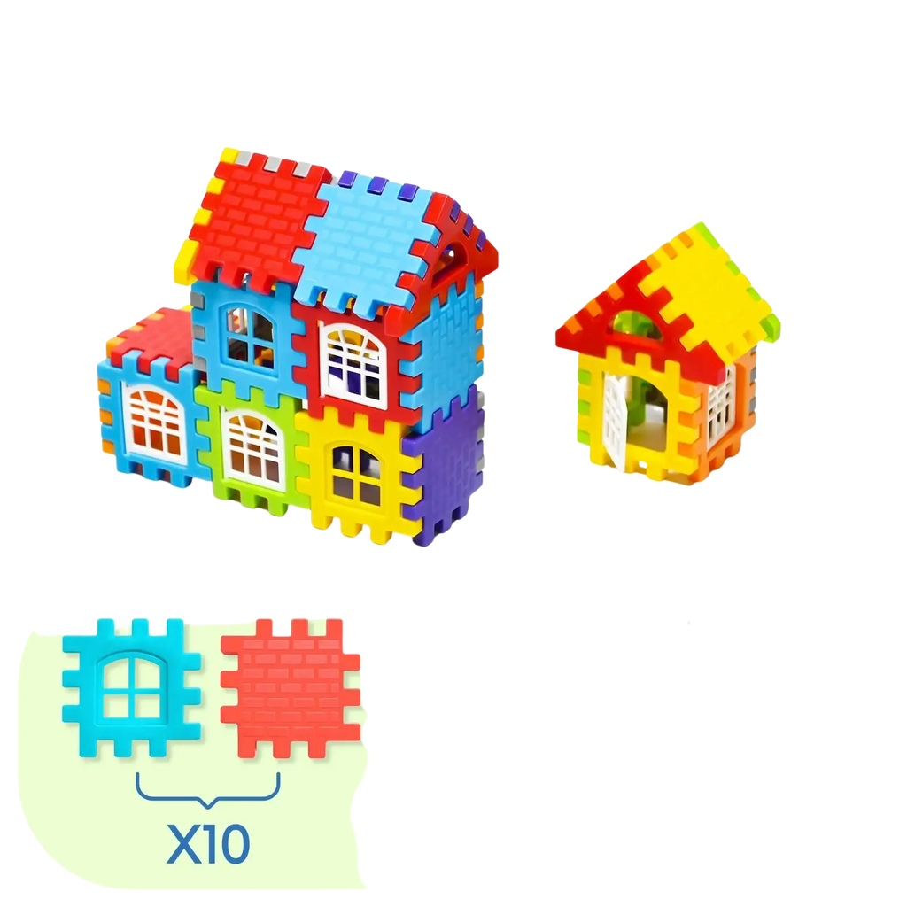 Kids diy plastic building block house set with colorful interlocking foam blocks featuring window and roof designs