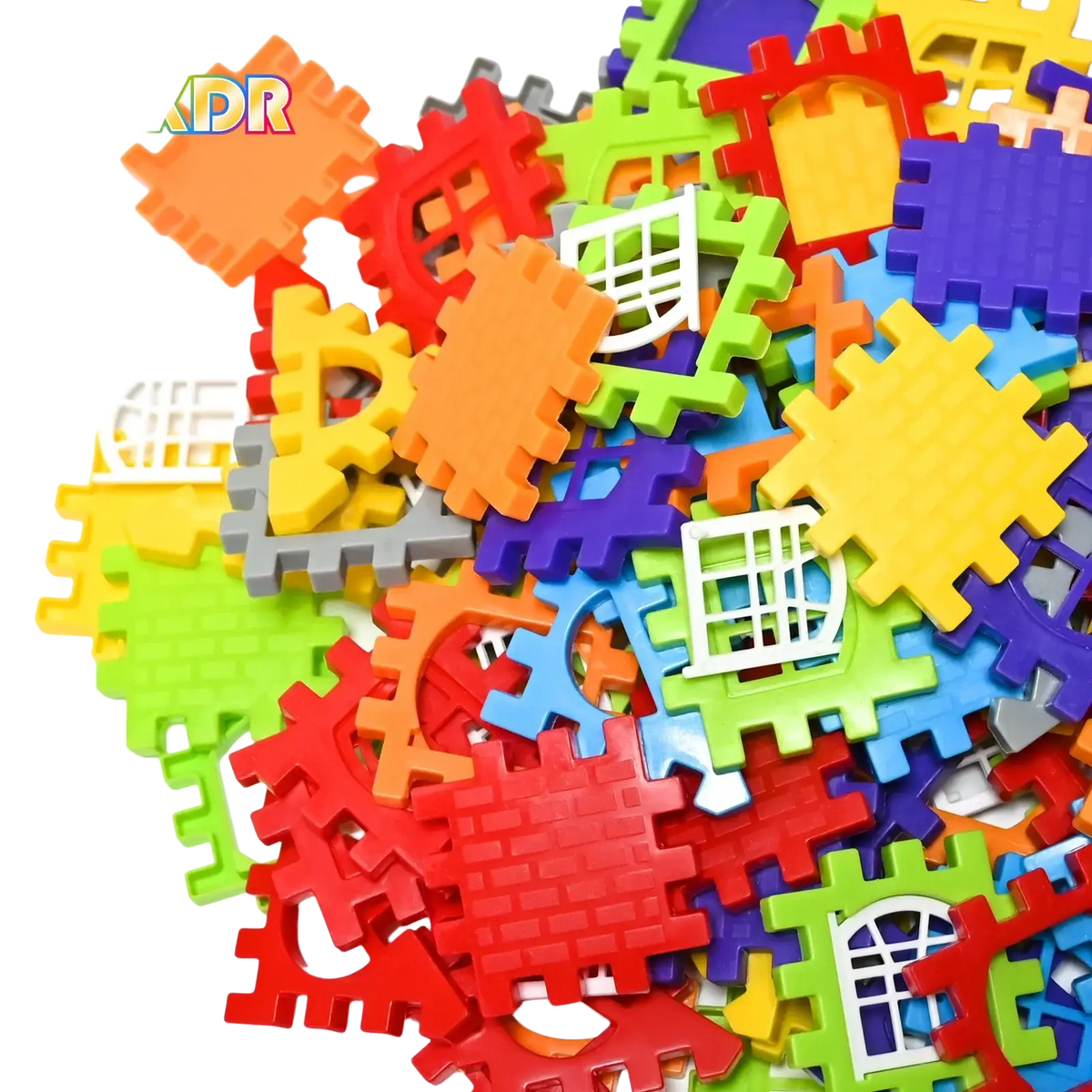 A vibrant pile of colorful interlocking foam puzzle pieces in red orange yellow green blue purple and gray with white window designs for kids diy plastic building block house set