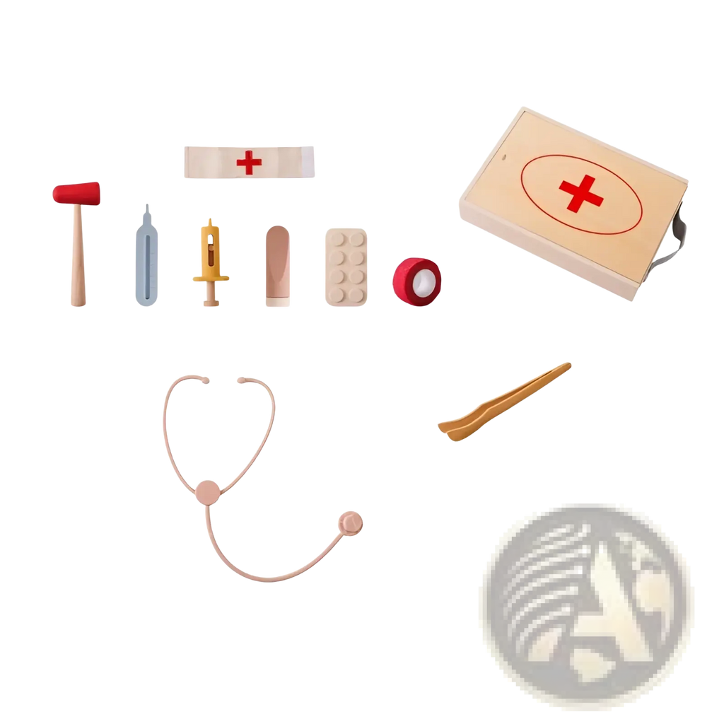 Kids doctor kit wooden and silicone medical toy set with red cross emblem and assorted play tools for children