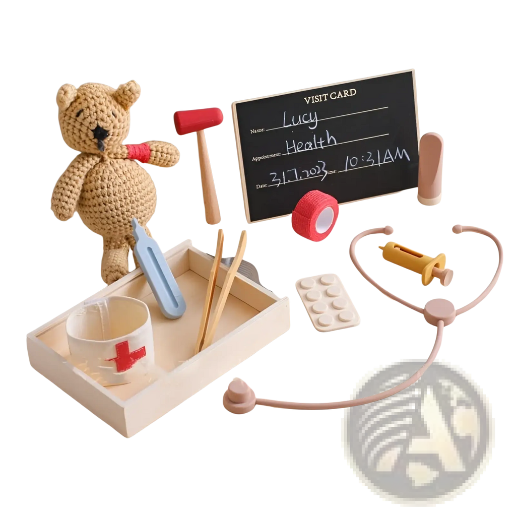 A beige crocheted teddy bear with a black nose and red wristband in a kids doctor kit wooden and silicone medical toy set