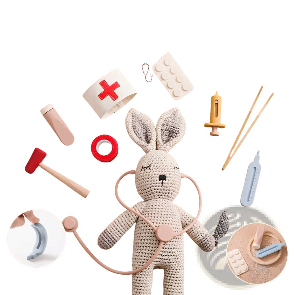 A beige crocheted bunny toy dressed as a doctor with stethoscope included in kids doctor kit wooden and silicone set