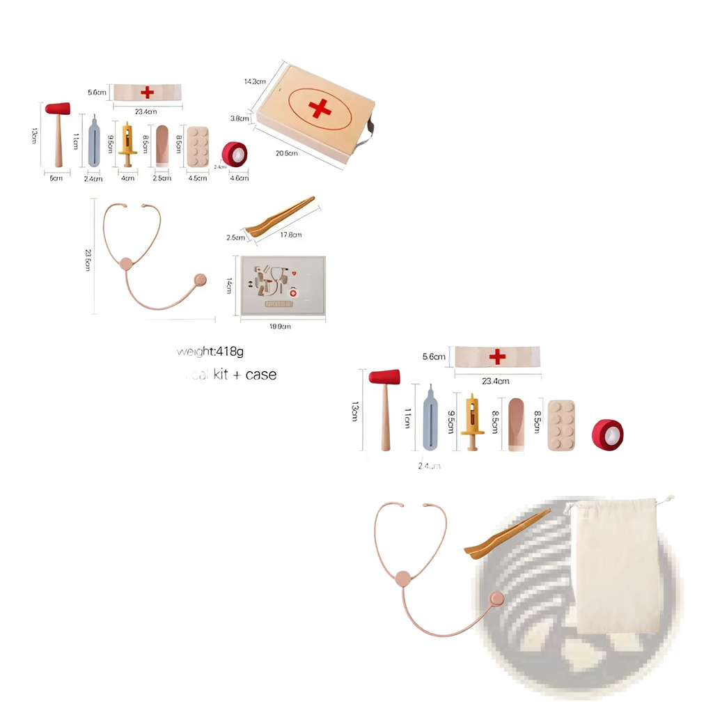 Kids doctor kit wooden and silicone medical toy set featuring a beige wooden case with red cross and black handle
