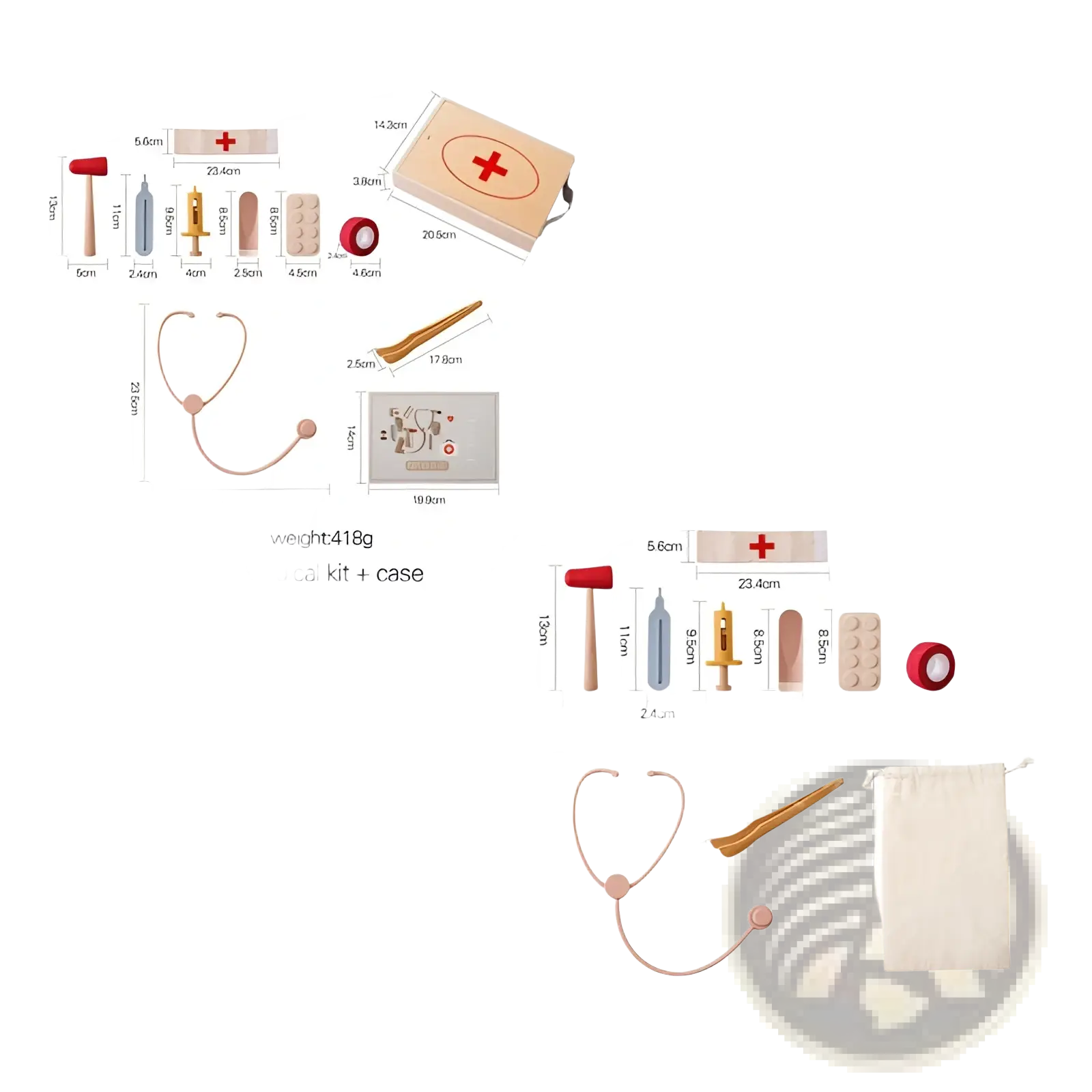 Kids doctor kit wooden and silicone medical toy set featuring a beige wooden case with red cross and black handle