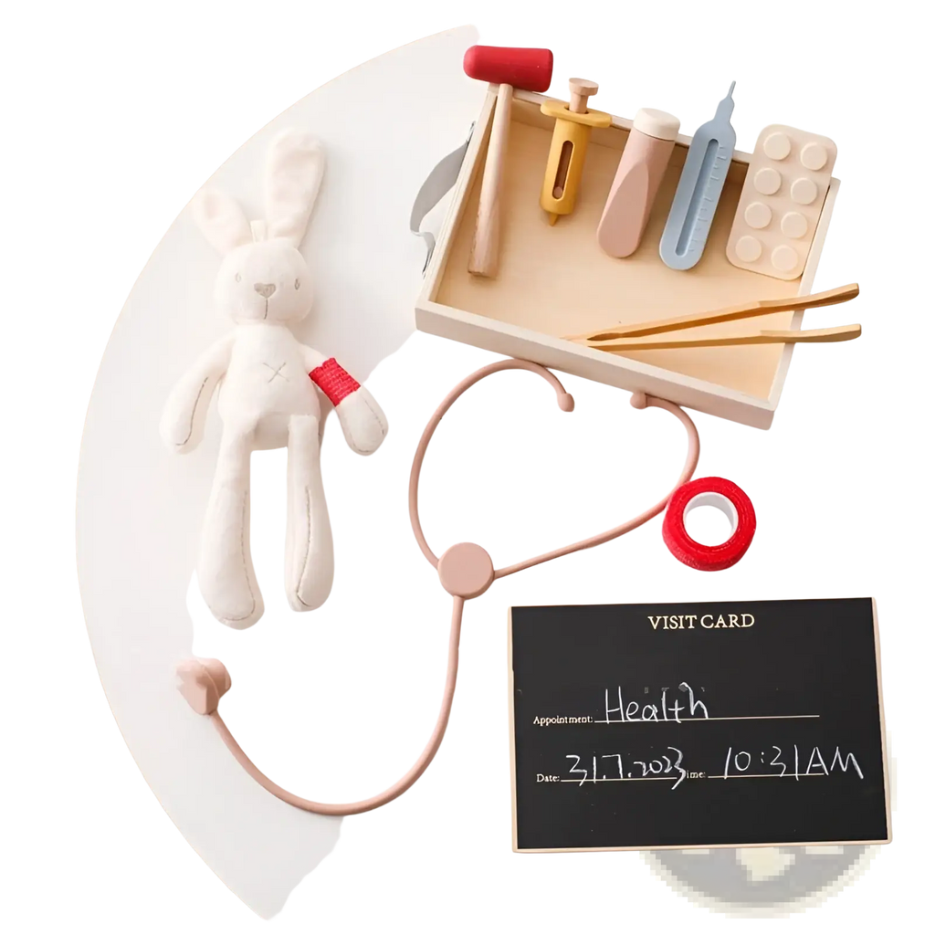 Pastel pink stethoscope with soft silicone tubing and rounded earpieces from kids doctor kit wooden medical toy set