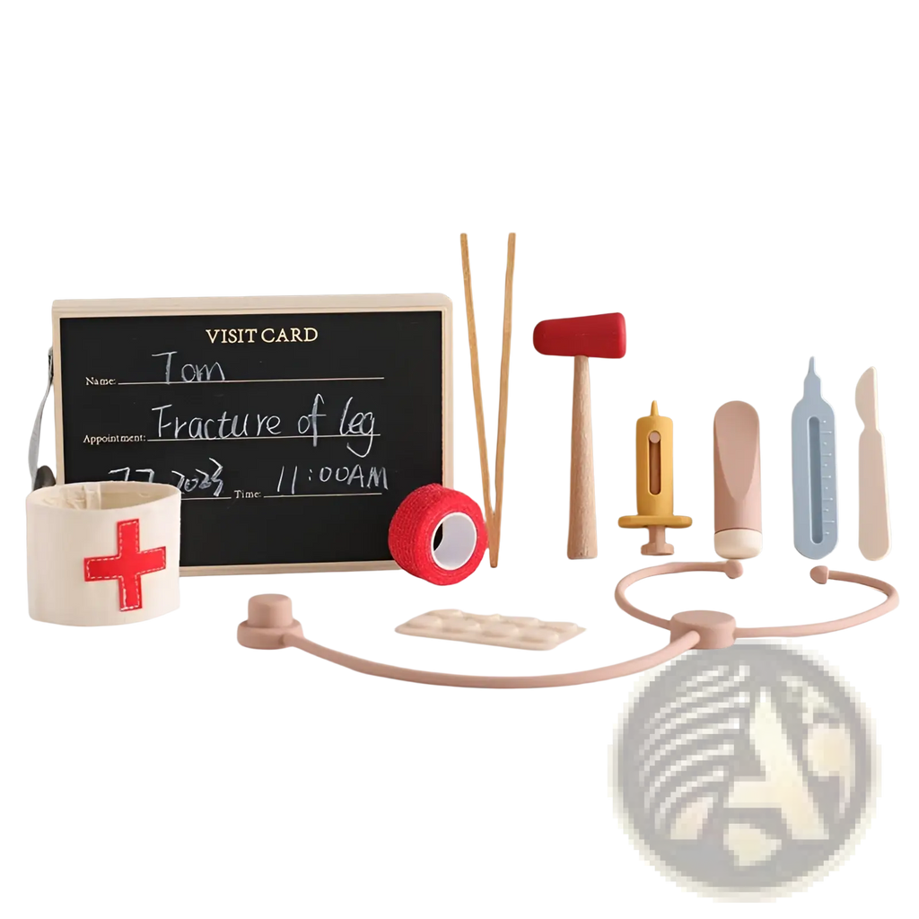 Pastel pink silicone stethoscope with soft rounded earpieces and flexible tubing in kids doctor kit wooden toy set