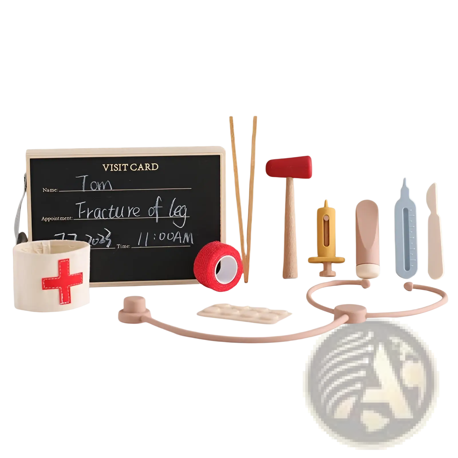 Pastel pink silicone stethoscope with soft rounded earpieces and flexible tubing in kids doctor kit wooden toy set